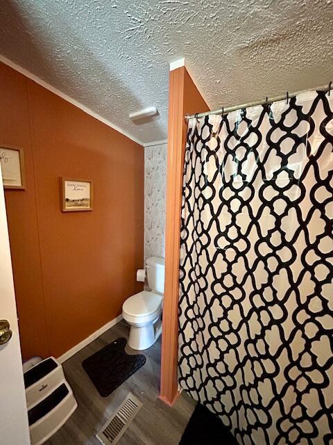 9330 Pidcock Rd, Zanesville, OH 43701 - bathroom featuring a shower with shower curtain, a textured ceiling, visible vents, and toilet
