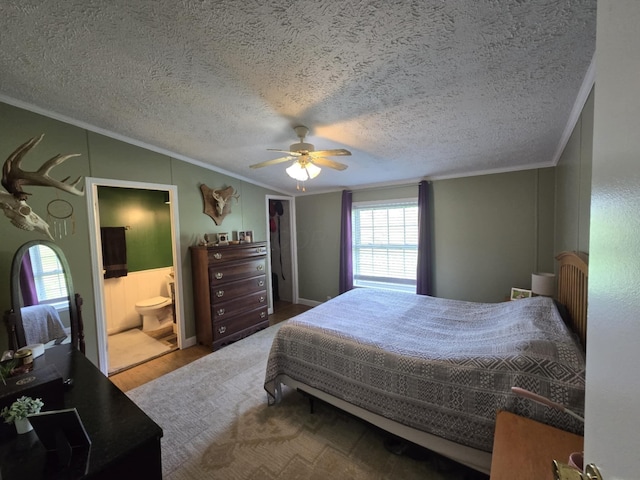9330 Pidcock Rd, Zanesville, OH 43701 - bedroom featuring ornamental molding, lofted ceiling, a textured ceiling, a ceiling fan, and connected bathroom