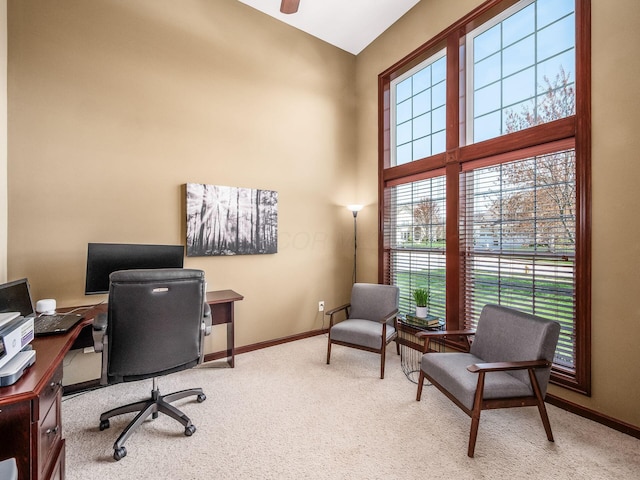 7766 Dickens Ct, Delaware, OH 43015 - carpeted office with a high ceiling, baseboards, and ceiling fan