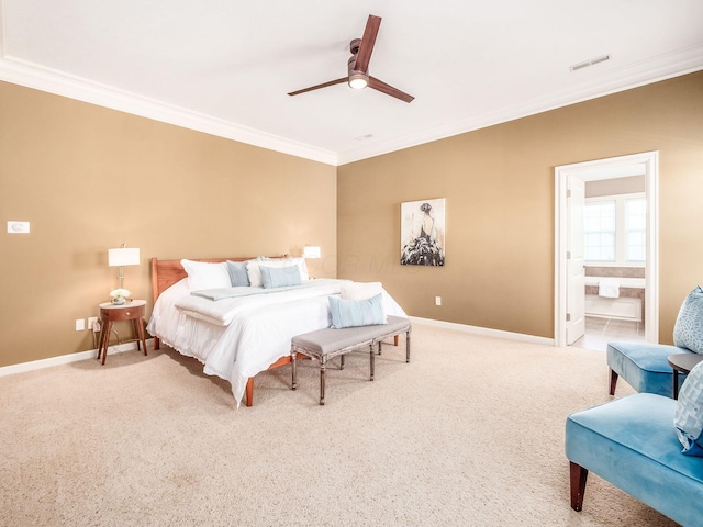 7766 Dickens Ct, Delaware, OH 43015 - carpeted bedroom featuring visible vents, crown molding, baseboards, and a ceiling fan