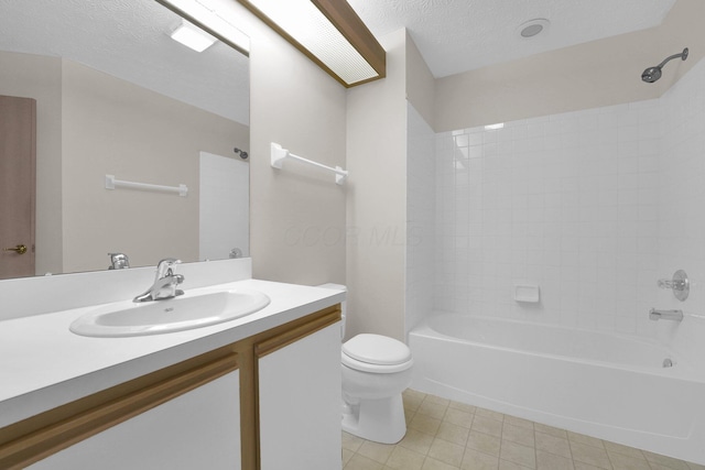 5585 Meadowood Ln, Westerville, OH 43082 - bathroom with toilet, shower / bathing tub combination, tile patterned floors, a textured ceiling, and vanity