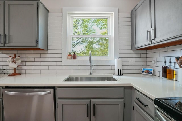 5133 Hidden View Dr, Hilliard, OH 43026 - kitchen featuring stainless steel dishwasher, gray cabinets, a sink, and light countertops
