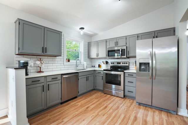 5133 Hidden View Dr, Hilliard, OH 43026 - kitchen with appliances with stainless steel finishes, gray cabinets, a sink, backsplash, and vaulted ceiling
