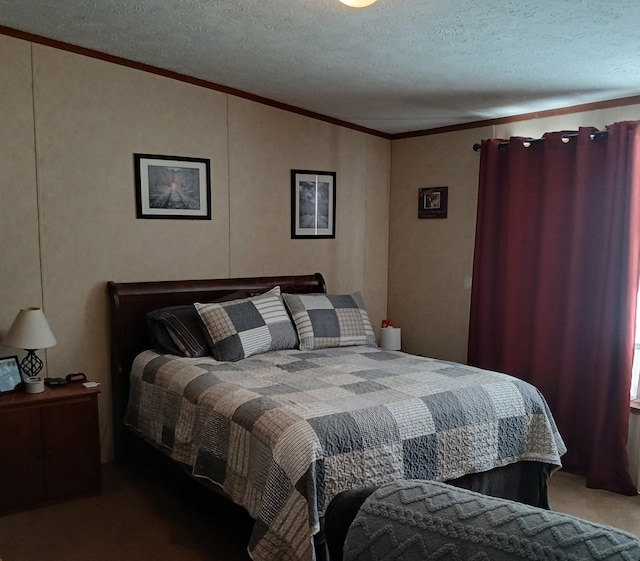 bedroom featuring carpet, a textured ceiling, lofted ceiling, and ornamental molding