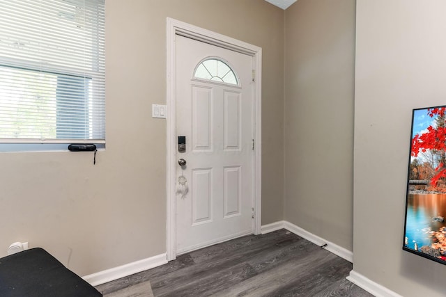entrance foyer with dark wood finished floors and baseboards