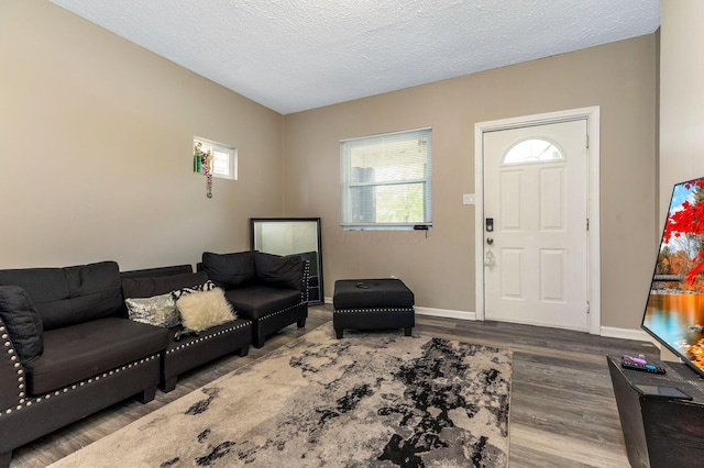 living area with baseboards, wood finished floors, and a textured ceiling