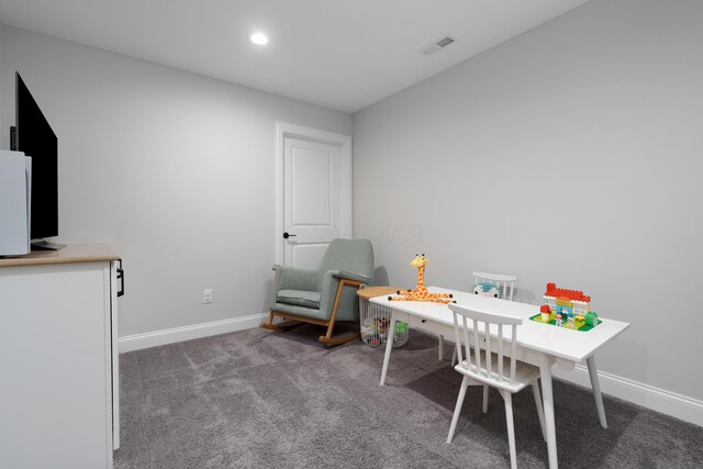 home office with carpet flooring, recessed lighting, baseboards, and visible vents