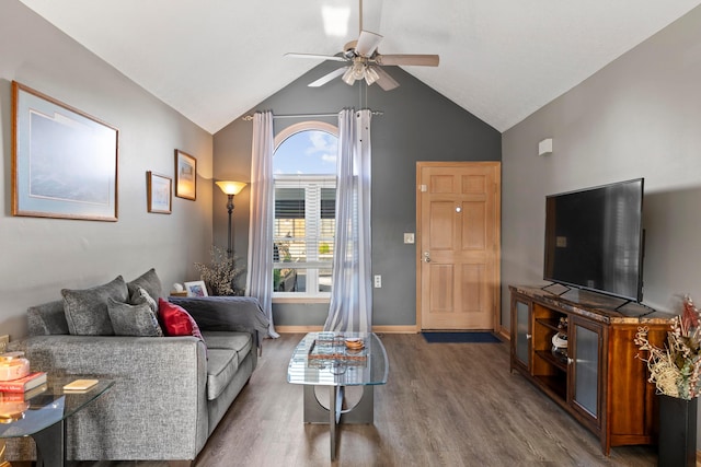 5796 Thada Ln, Columbus, OH 43229 - living area featuring baseboards, a ceiling fan, wood finished floors, and vaulted ceiling