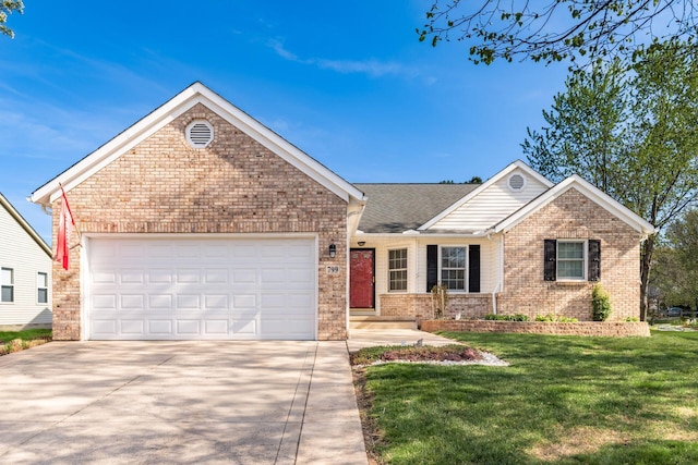 single story home featuring concrete driveway, brick siding, an attached garage, and a front yard