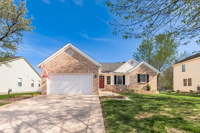 ranch-style home featuring concrete driveway, brick siding, an attached garage, and a front yard