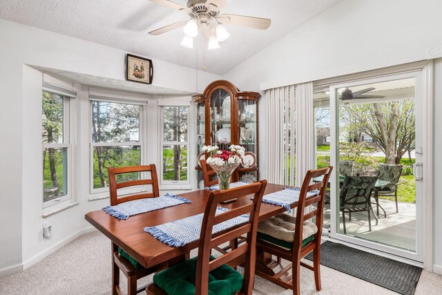 carpeted dining area featuring ceiling fan, vaulted ceiling, plenty of natural light, and baseboards