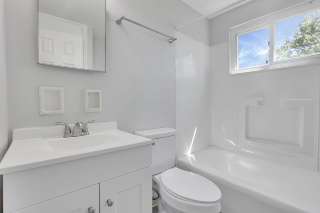 full bath featuring toilet, shower / bath combination, and vanity