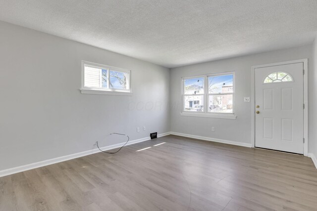foyer entrance with wood finished floors, a healthy amount of sunlight, and a textured ceiling