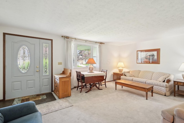 living area featuring a textured ceiling and light carpet