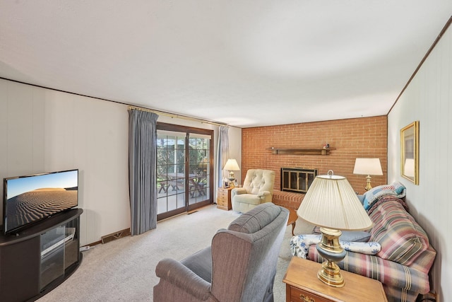 living area featuring a fireplace, visible vents, and carpet floors