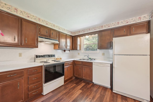 kitchen with a sink, light countertops, under cabinet range hood, dark wood-type flooring, and white appliances