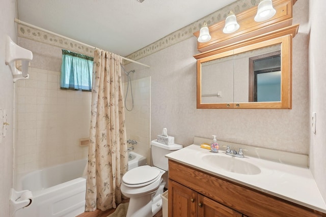 bathroom featuring shower / bathtub combination with curtain, toilet, and vanity