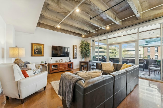 living room featuring rail lighting