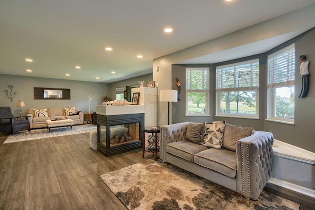 living area with recessed lighting, a multi sided fireplace, and wood finished floors