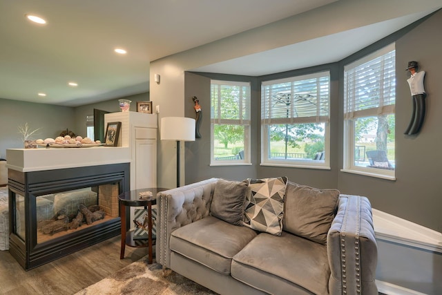 living room with recessed lighting, a multi sided fireplace, and wood finished floors