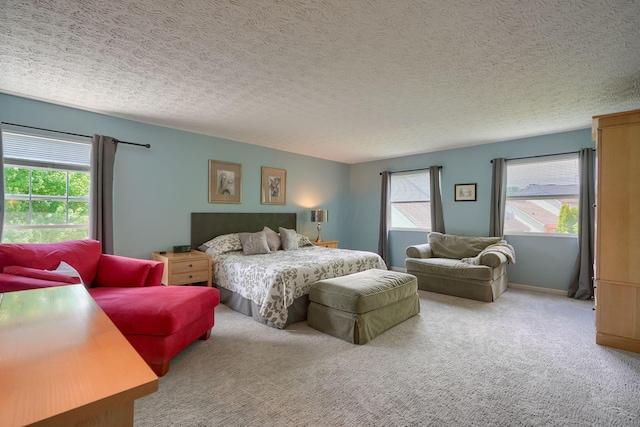 carpeted bedroom with a textured ceiling