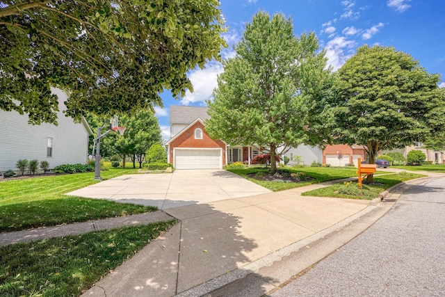obstructed view of property with brick siding, a front lawn, concrete driveway, and an attached garage