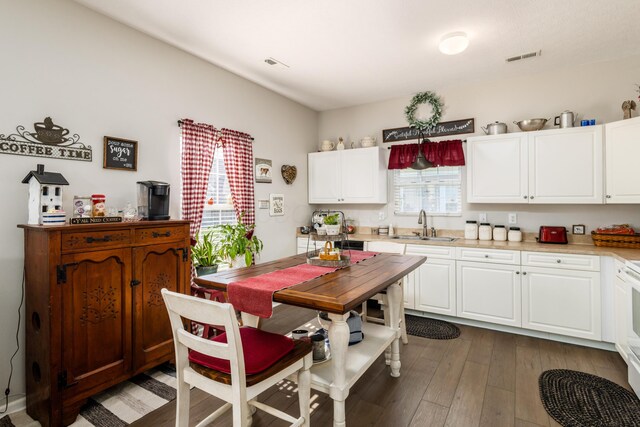 kitchen featuring white cabinets, light countertops, wood finished floors, and a sink