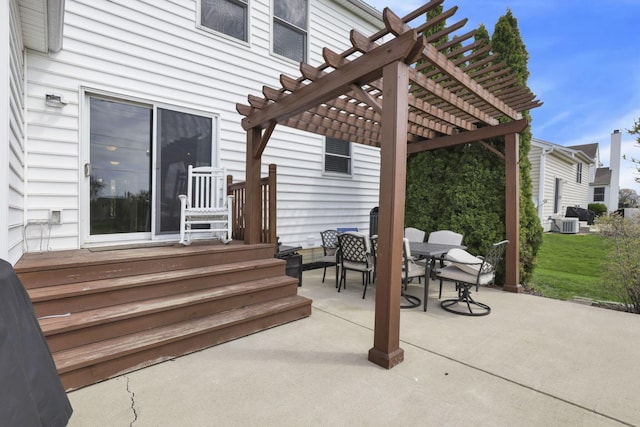 view of patio / terrace with a pergola, outdoor dining area, and central air condition unit
