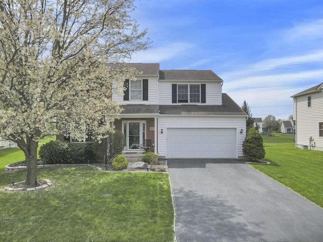 traditional home with an attached garage, a shingled roof, driveway, and a front yard