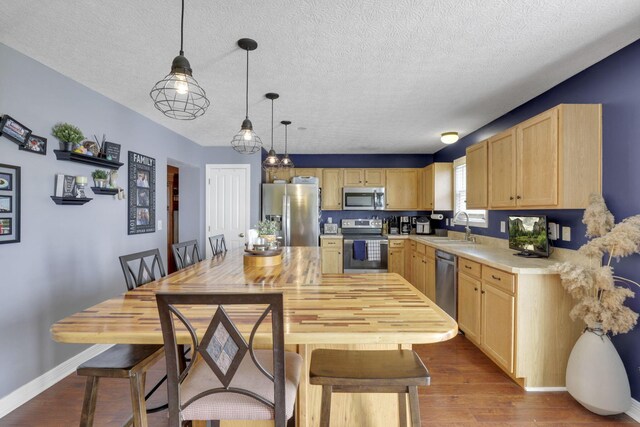 kitchen with light countertops, dark wood-type flooring, appliances with stainless steel finishes, and light brown cabinets