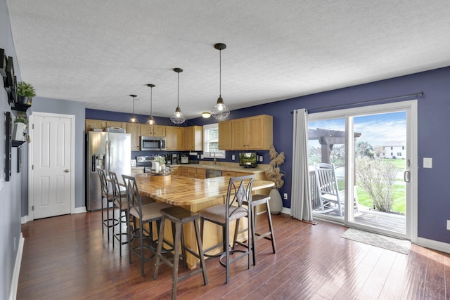 kitchen with wooden counters, dark wood-type flooring, baseboards, a textured ceiling, and appliances with stainless steel finishes
