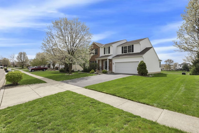 traditional-style home with aphalt driveway, a front yard, and a garage