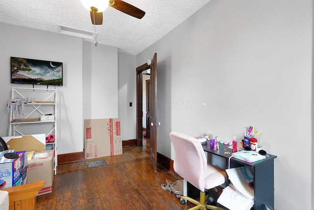 940 3rd St, Logan, OH 43138 - office area with a textured ceiling, hardwood / wood-style floors, baseboards, and ceiling fan