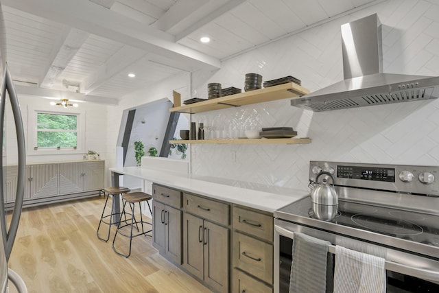 62579 Dunkle Creek Rd, Mcarthur, OH 45651 - kitchen featuring backsplash, stainless steel appliances, light wood finished floors, and wall chimney exhaust hood