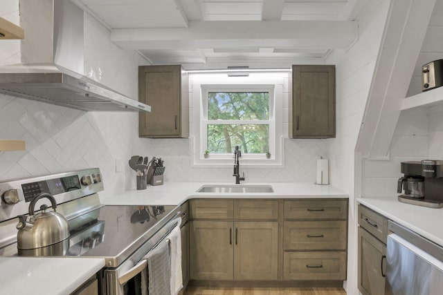 62579 Dunkle Creek Rd, Mcarthur, OH 45651 - kitchen with wall chimney range hood, decorative backsplash, a sink, beamed ceiling, and stainless steel appliances