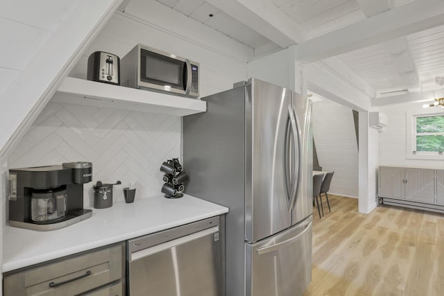 62579 Dunkle Creek Rd, Mcarthur, OH 45651 - kitchen with tasteful backsplash, beam ceiling, wooden ceiling, light wood-style floors, and stainless steel appliances