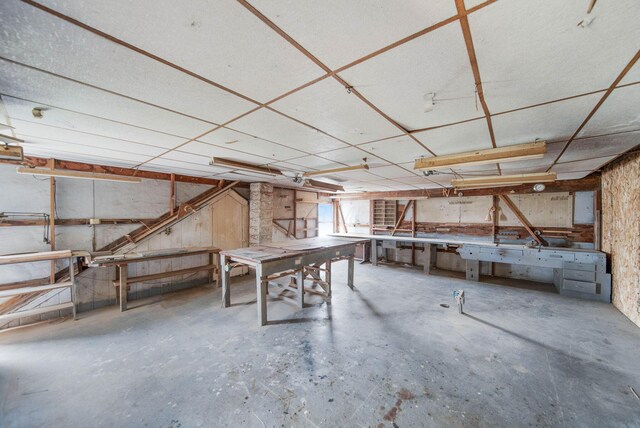 basement with a workshop area