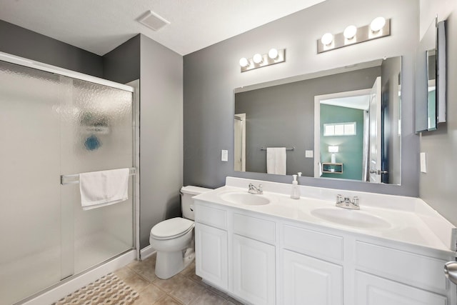 bathroom with toilet, visible vents, a sink, and a stall shower