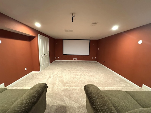 carpeted home theater with recessed lighting, baseboards, and visible vents