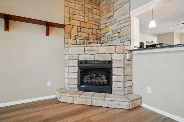 details featuring baseboards, a stone fireplace, and wood finished floors
