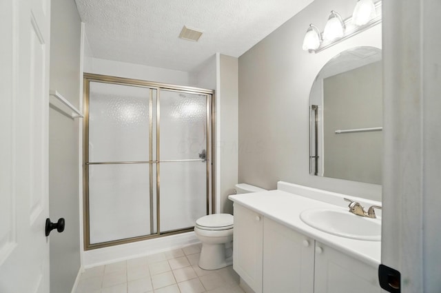 bathroom featuring a textured ceiling, toilet, visible vents, a shower stall, and vanity