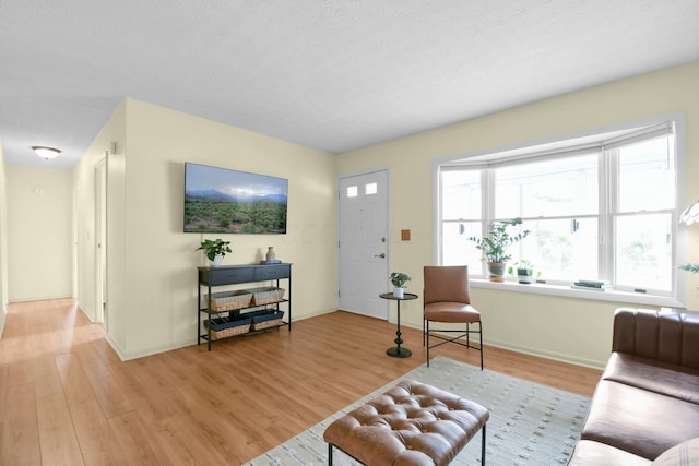 living area with baseboards, light wood-type flooring, and a textured ceiling
