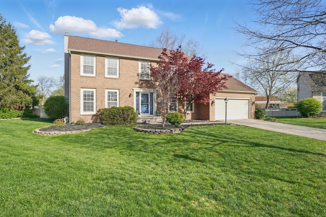 colonial house with concrete driveway, a front lawn, brick siding, and a garage