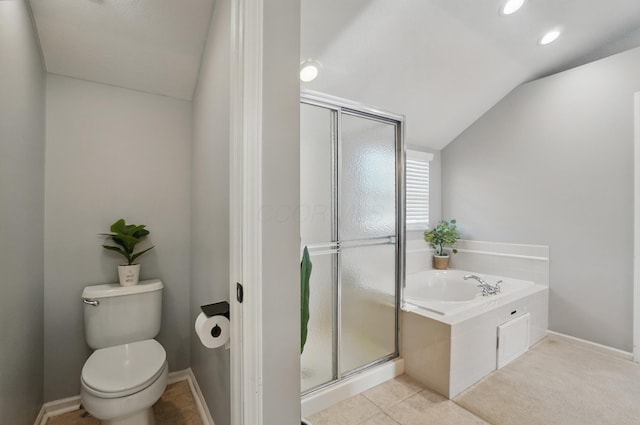 full bath featuring a garden tub, toilet, a stall shower, lofted ceiling, and recessed lighting