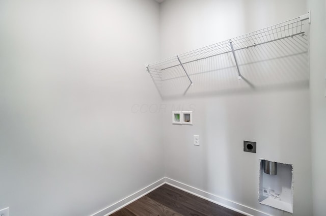 washroom with dark wood finished floors, laundry area, baseboards, electric dryer hookup, and washer hookup
