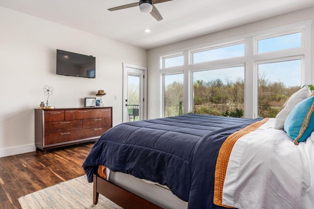 bedroom featuring dark wood finished floors, baseboards, recessed lighting, access to outside, and ceiling fan