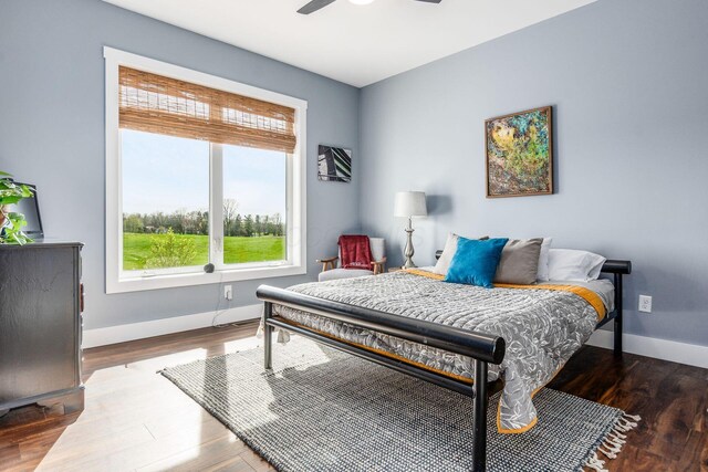 bedroom featuring ceiling fan, baseboards, wood finished floors, and multiple windows