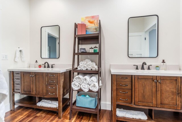 full bathroom featuring two vanities, wood finished floors, and a sink