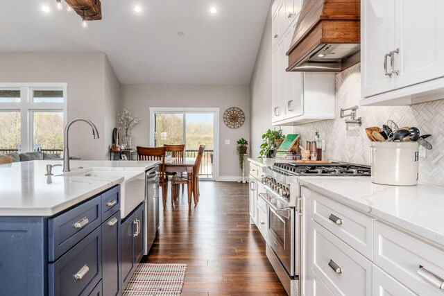 kitchen featuring white cabinetry, premium range hood, tasteful backsplash, appliances with stainless steel finishes, and dark wood-style flooring