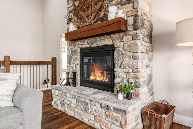 room details featuring wood finished floors and a stone fireplace